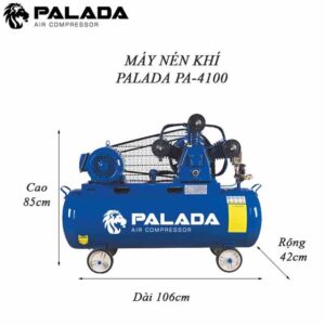 Máy nén khí Palada 100L  Máy nén khí 100L này của Palada được nhiều đơn vị đánh giá cao nhờ mang nhiều ưu điểm nổi bật. Thiết bị được sản xuất trên dây chuyền công nghệ hiện đại cho nên chất lượng cao, ít hỏng hóc. Bình chứa sử dụng thép cao cấp dày dặn cho khả năng chống va đập tốt, bảo vệ tốt khí nén, chống phát nổ. Lớp sơn phủ tĩnh điện chống ăn mòn, han gỉ cao. Lưu lượng khí nén lớn lên đến 360 lít/phút cho khả năng nạp khí nhanh chóng, đảm bảo quá trình vận hành diễn ra liên tục.